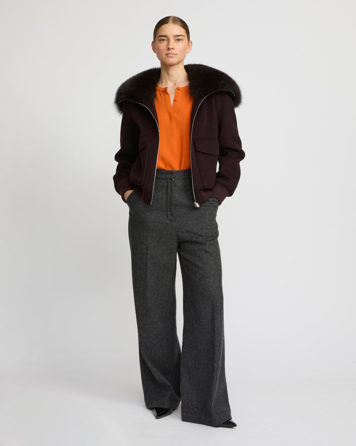 Veste courte en lainage cachemire avec col en fourrure de renard