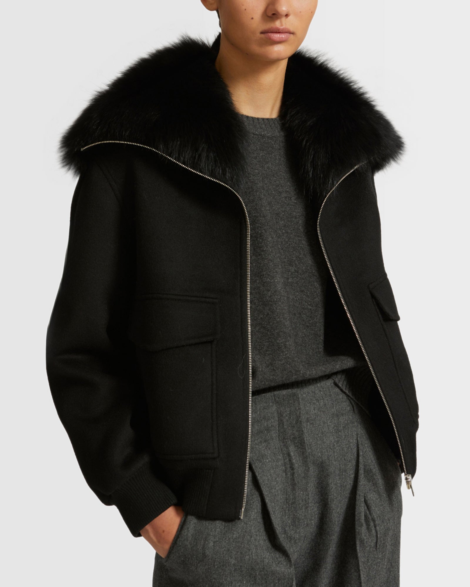 Jacket in cashmere wool with fox fur - Black - Yves Salomon