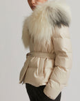 Short down jacket in waterproof flannel fabric with fox hood trim