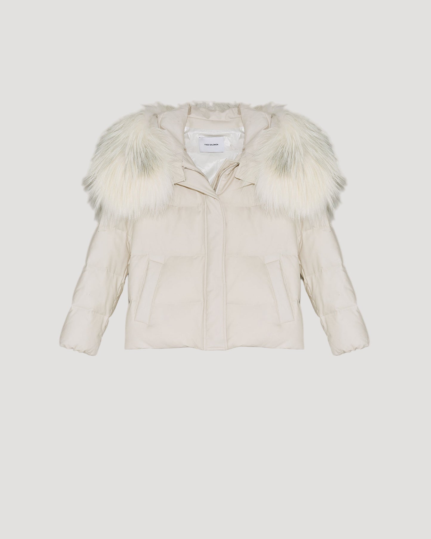 Short down jacket in waterproof flannel fabric with fox hood trim