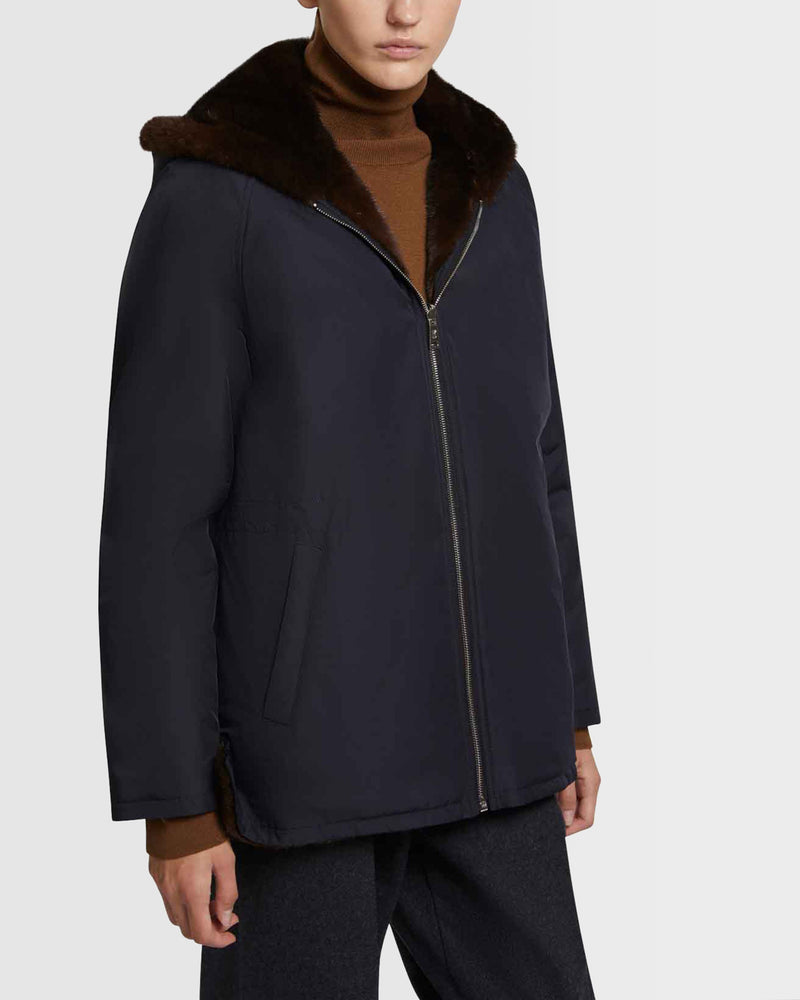Parka à capuche en tissu technique réversible et fourrure de vison