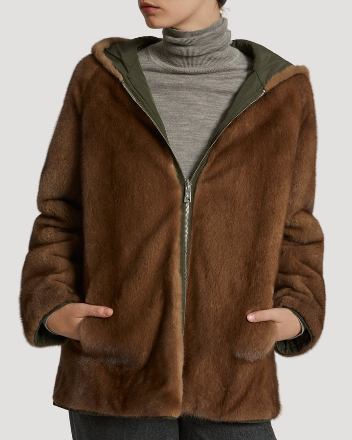 Hooded blouson in mink fur reversible technical fabric