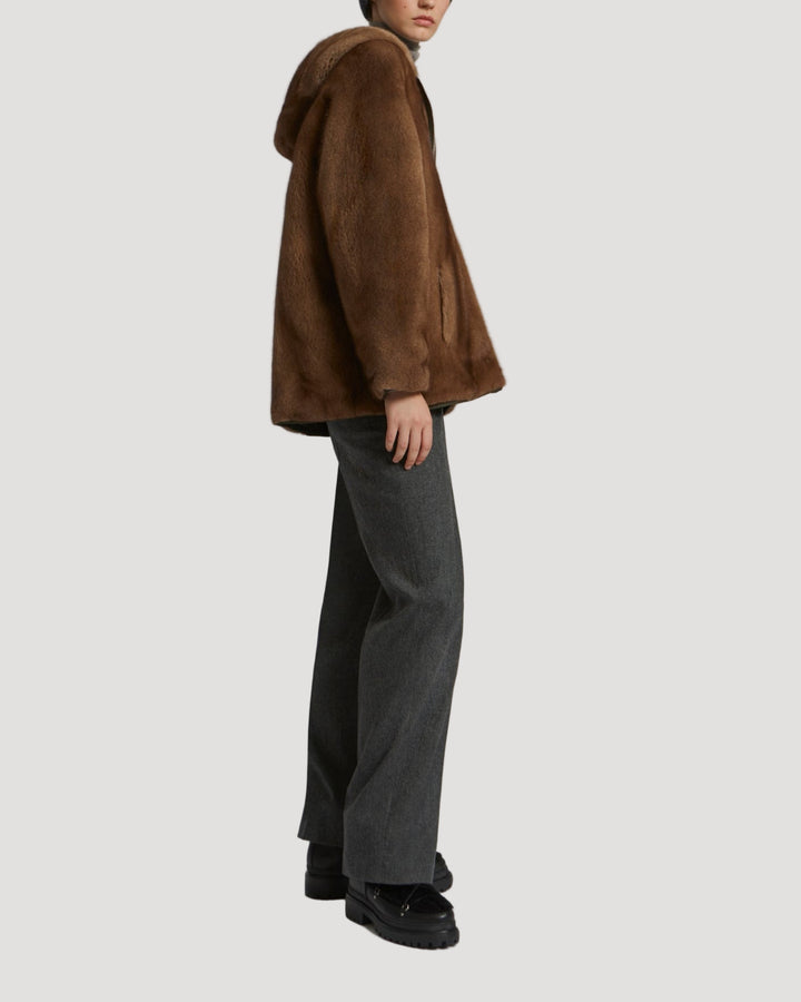 Hooded blouson in mink fur reversible technical fabric