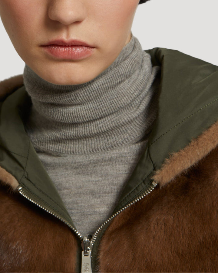 Hooded blouson in mink fur reversible technical fabric