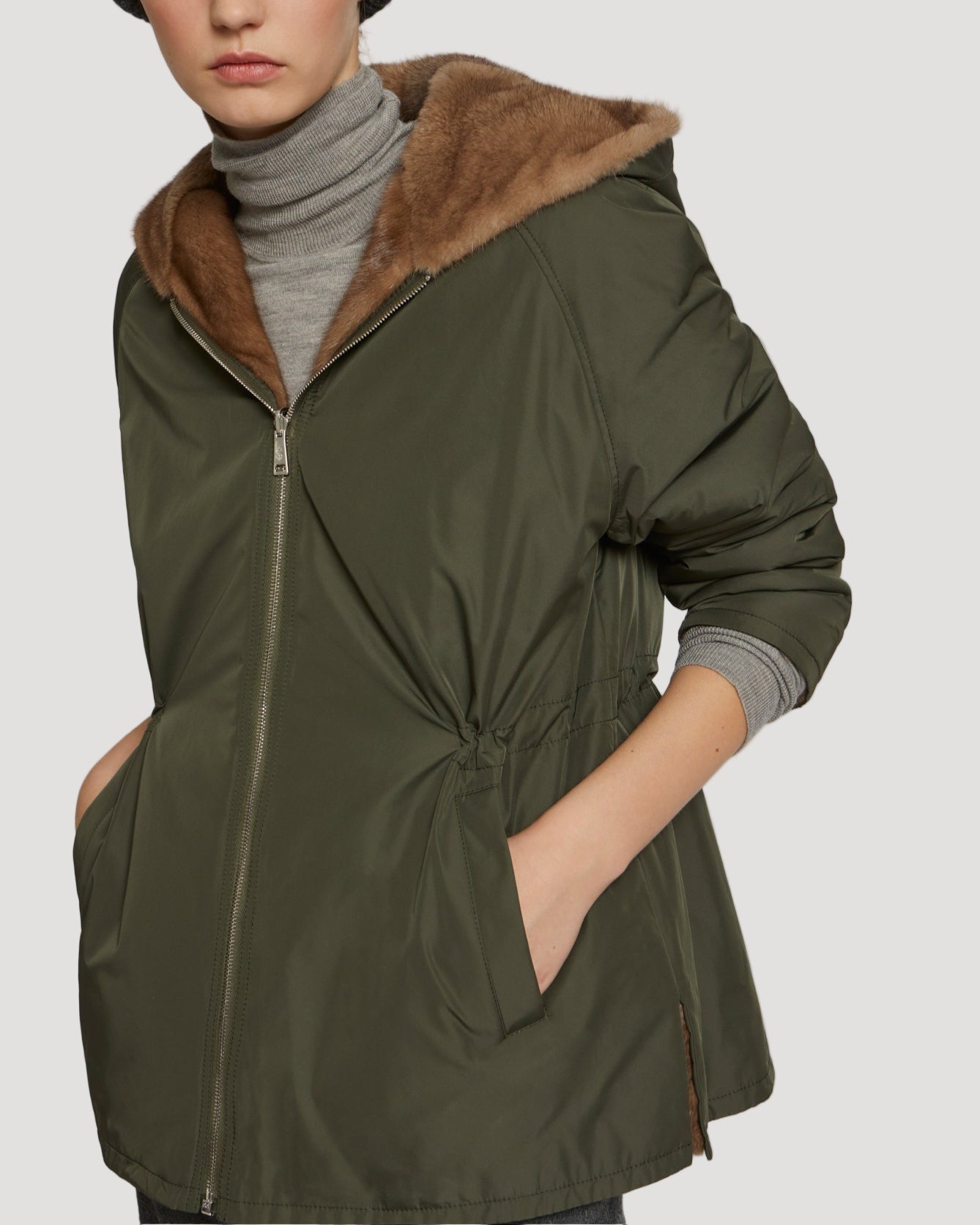 Hooded blouson in mink fur reversible technical fabric