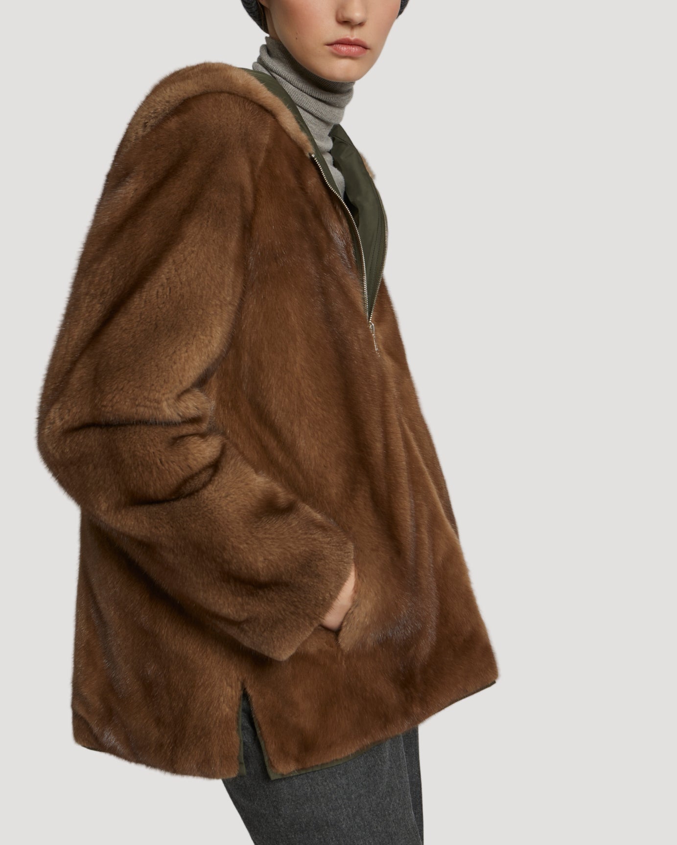 Hooded blouson in mink fur reversible technical fabric