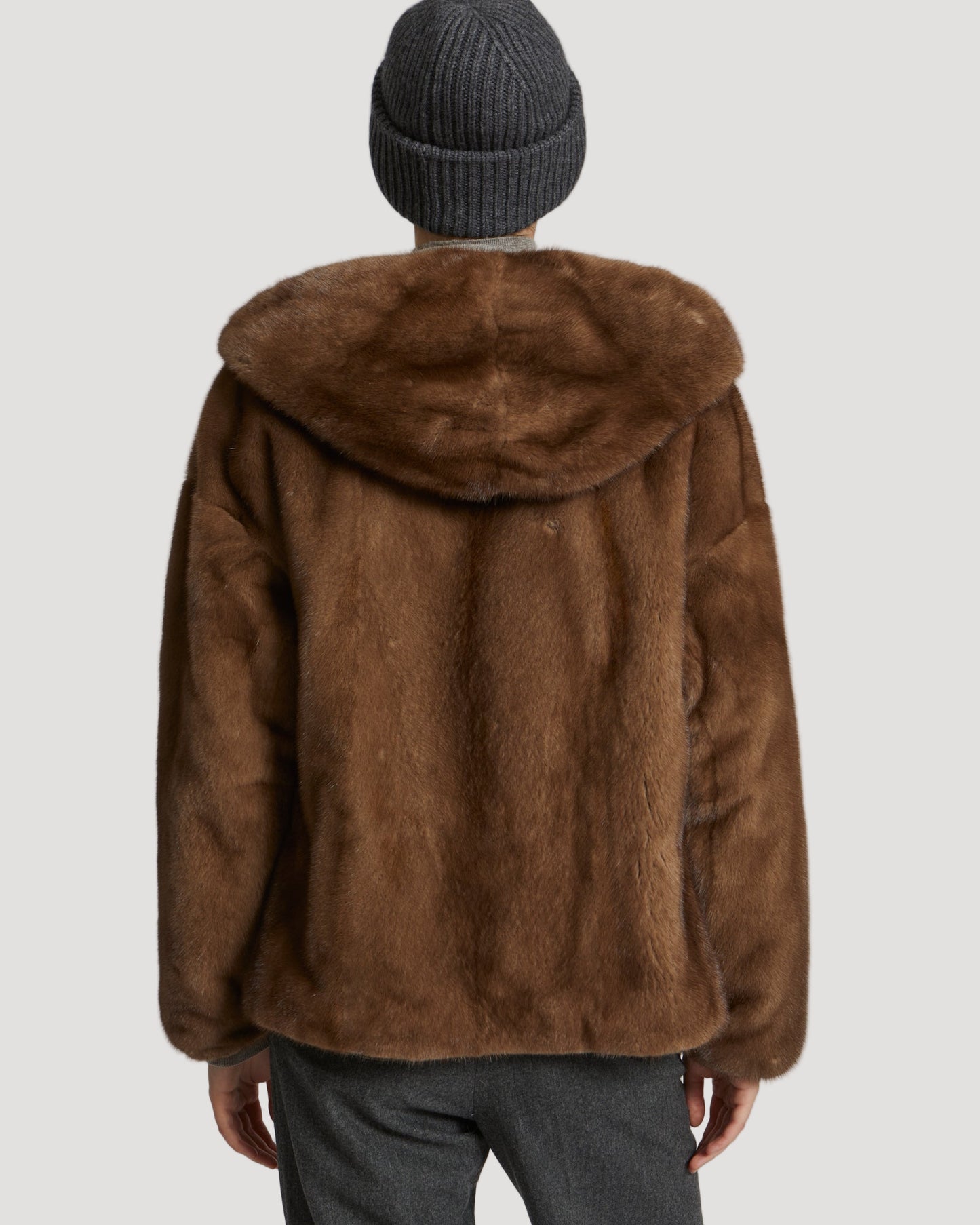 Hooded blouson in mink fur reversible technical fabric