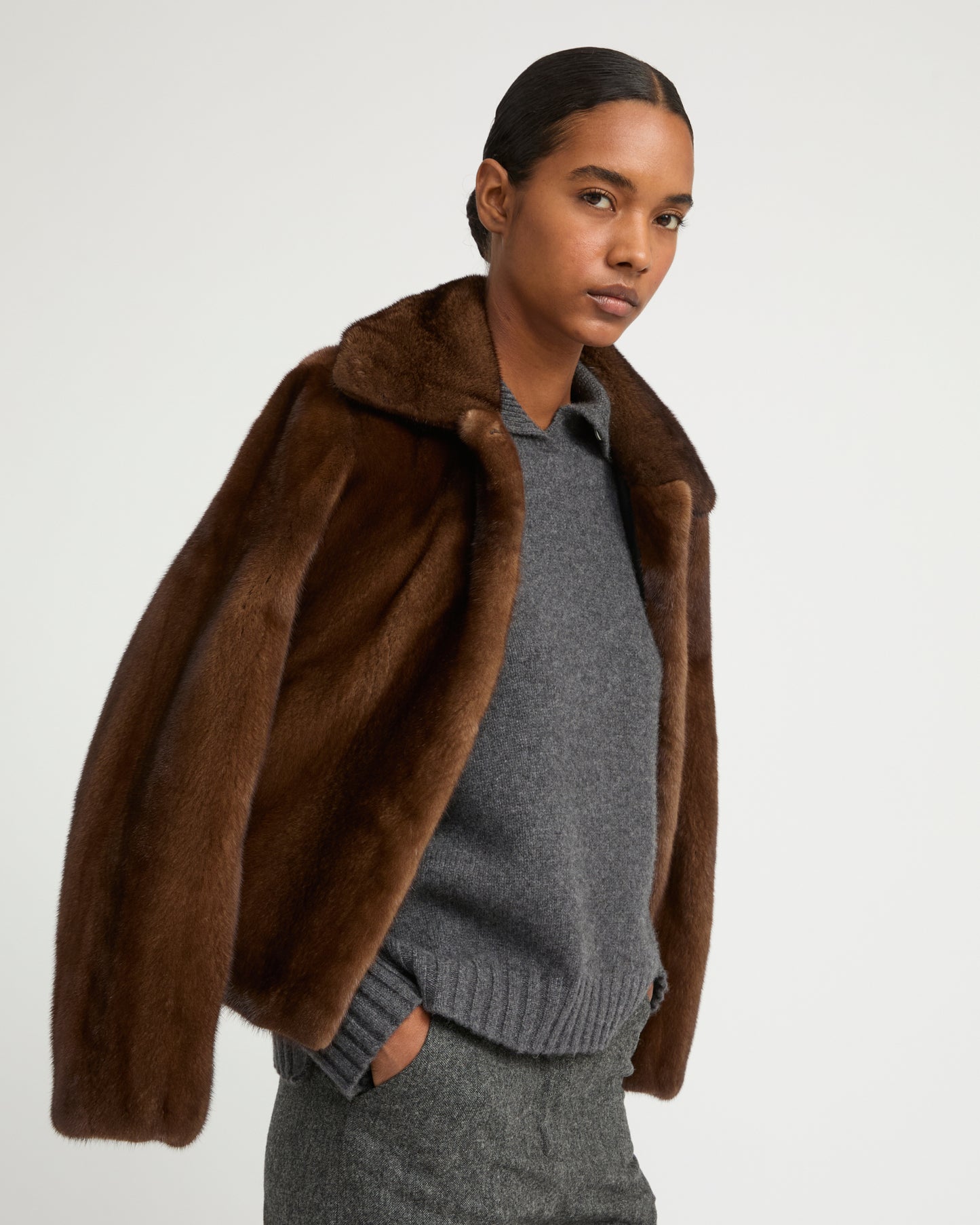 Veste courte en fourrure de vison à poils longs