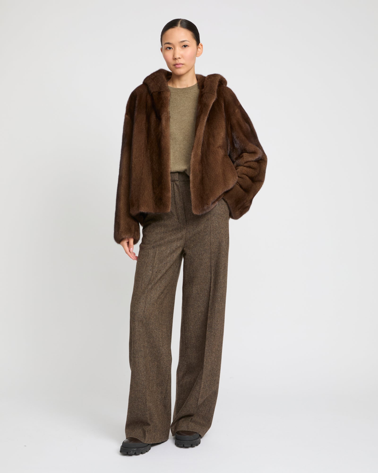 ロングヘアードミンクファー ロング フーデッドコート - Brown - Yves