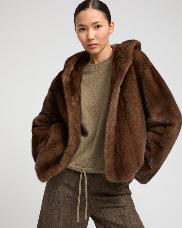 Hooded jacket in long-haired mink fur