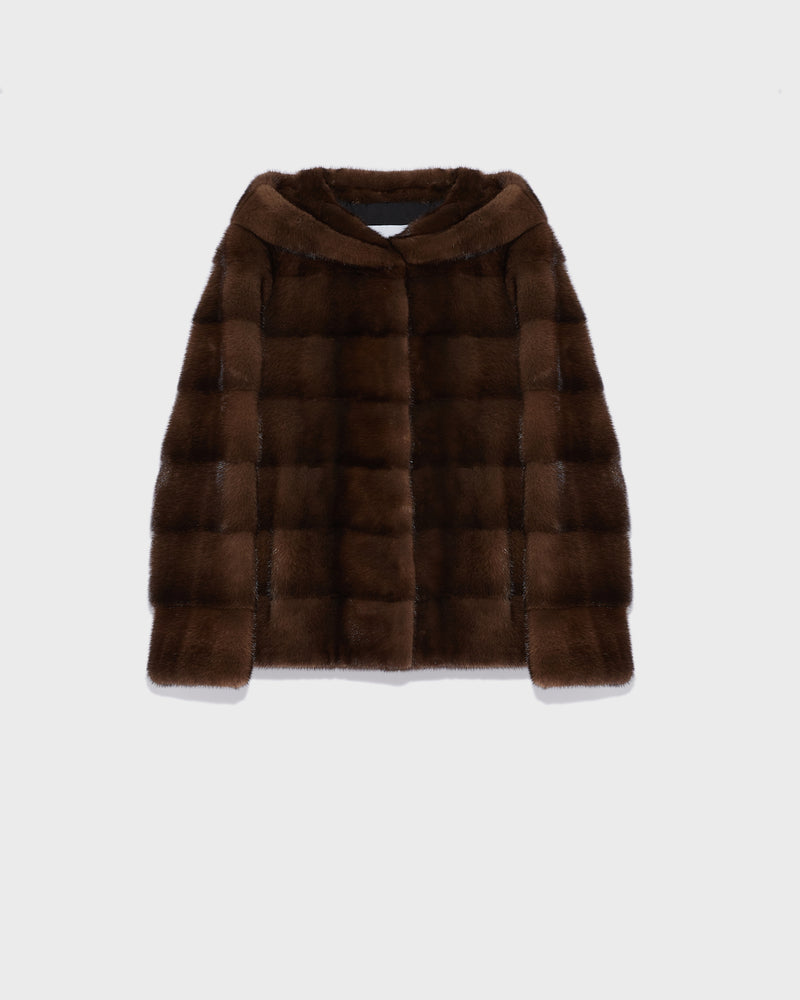 Hooded jacket in long-haired mink stripes