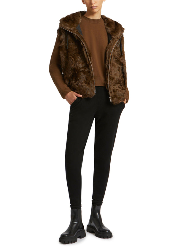Blouson à capuche en agneau frisé et maille