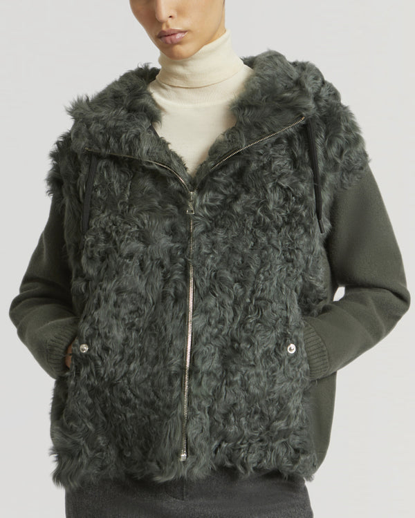 Blouson à capuche en agneau frisé et maille-Yves Salomon - Soldes d'hiver - Winter Sale