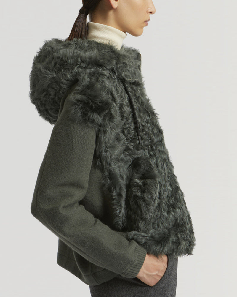 Blouson à capuche en agneau frisé et maille-Yves Salomon - Soldes d'hiver - Winter Sale