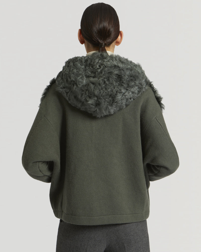 Blouson à capuche en agneau frisé et maille-Yves Salomon - Soldes d'hiver - Winter Sale