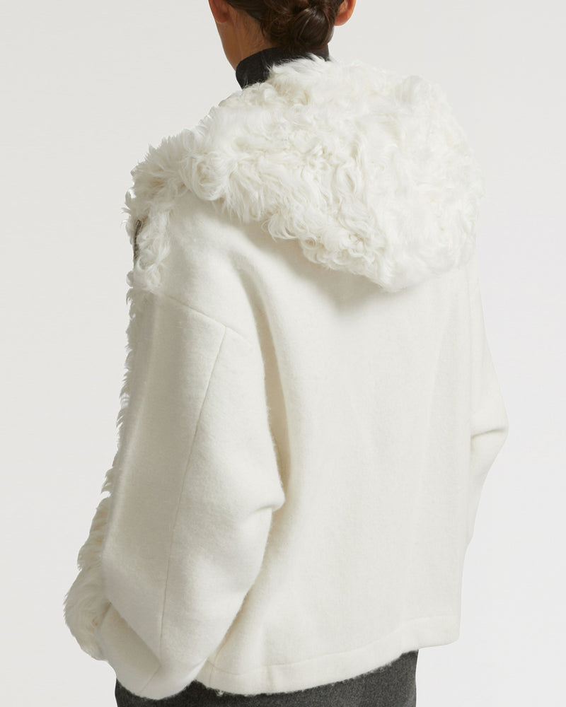 Blouson à capuche en agneau frisé et maille-Yves Salomon - Soldes d'hiver - Winter Sale
