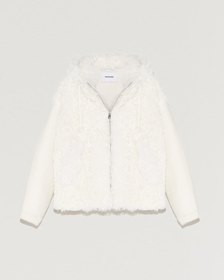 Black Friday 2025 - Yves Salomon - Blouson à capuche en maille et laine d'agneau frisé