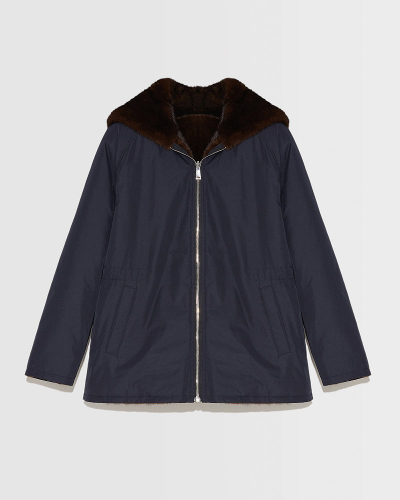 Parka à capuche en tissu technique réversible et fourrure de vison
