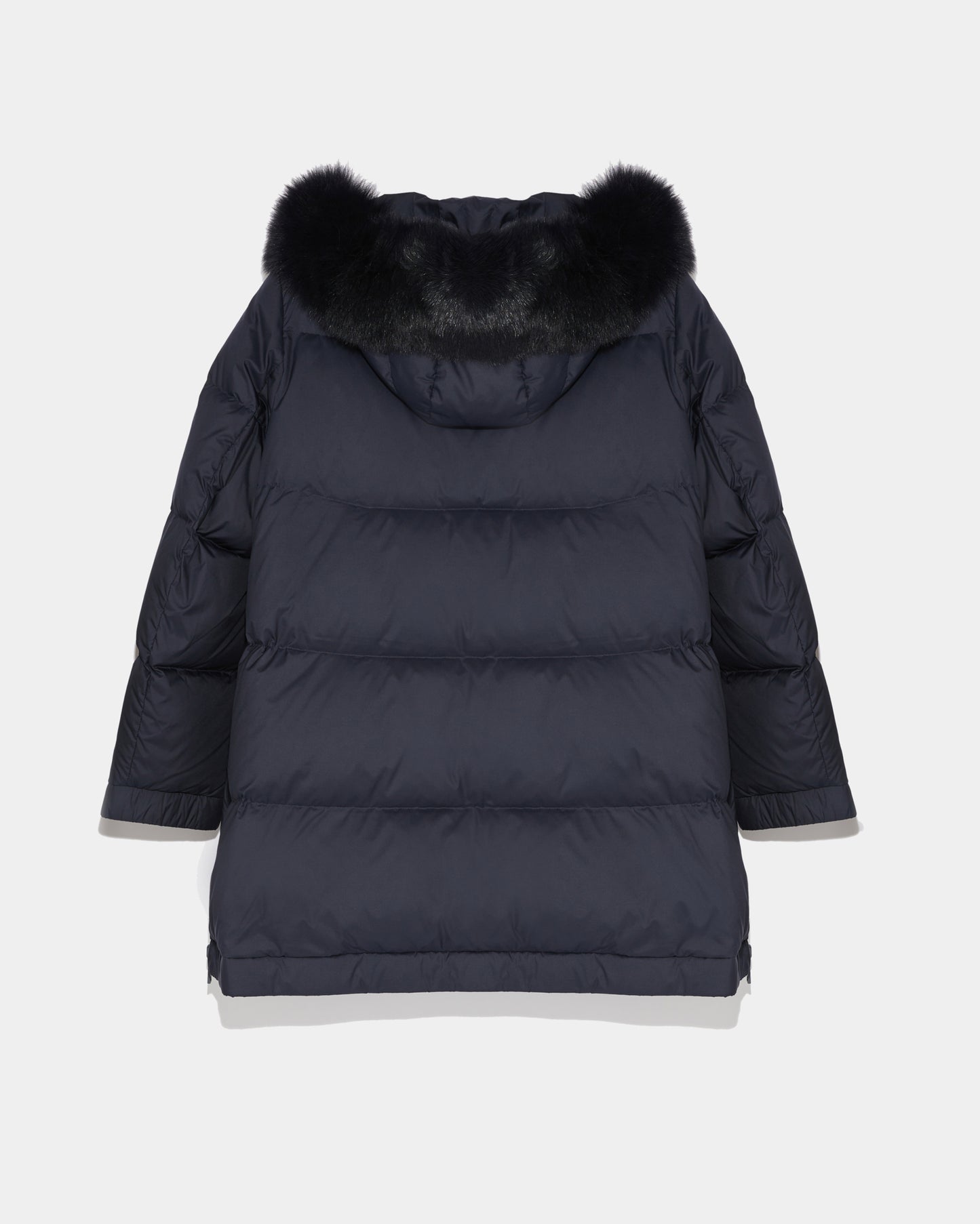 “A” line down jacket with fox fur hood trim
