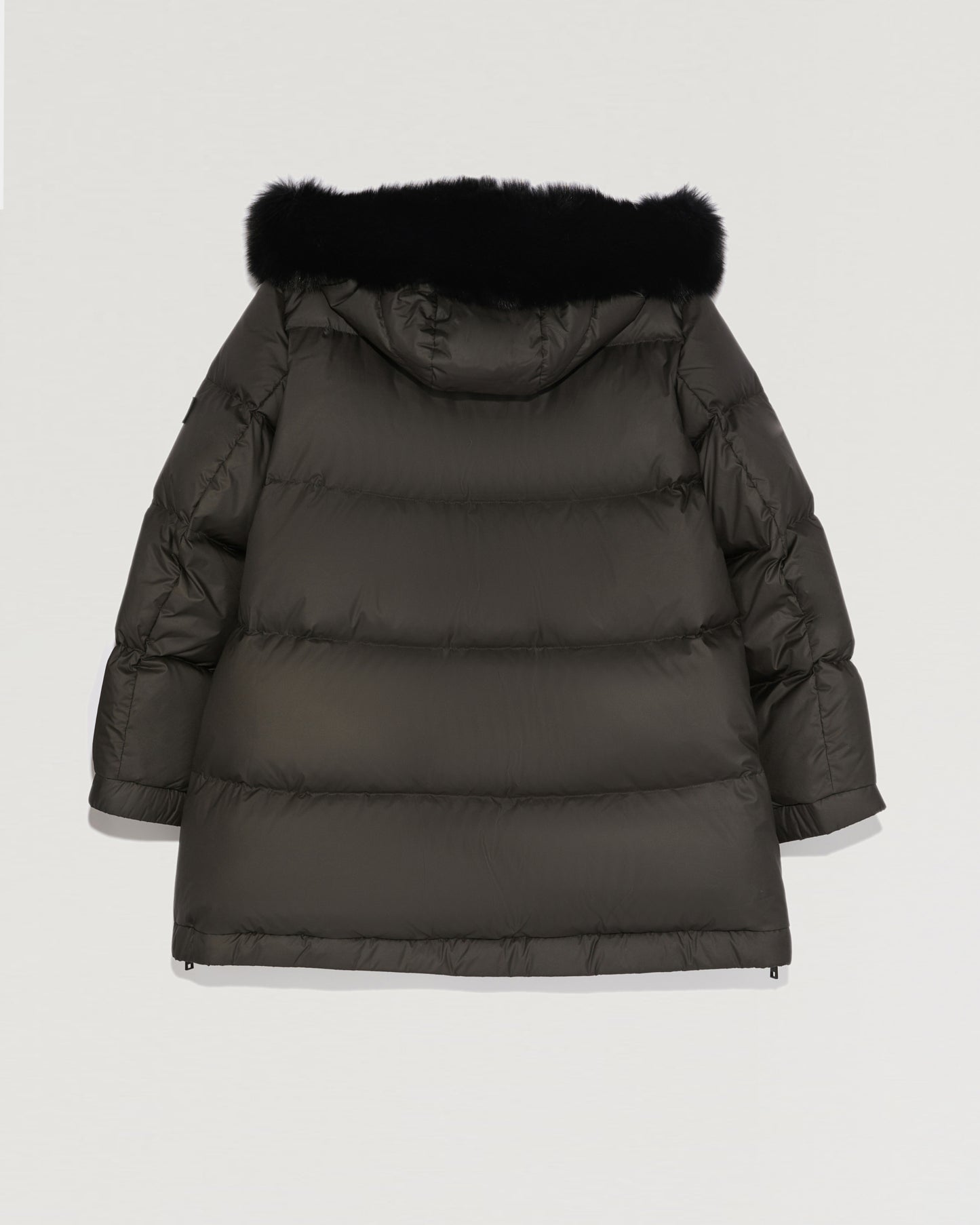 “A” line down jacket with fox fur hood trim