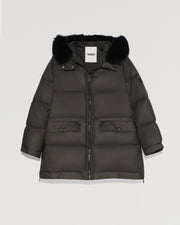 “A” line down jacket with fox fur hood trim