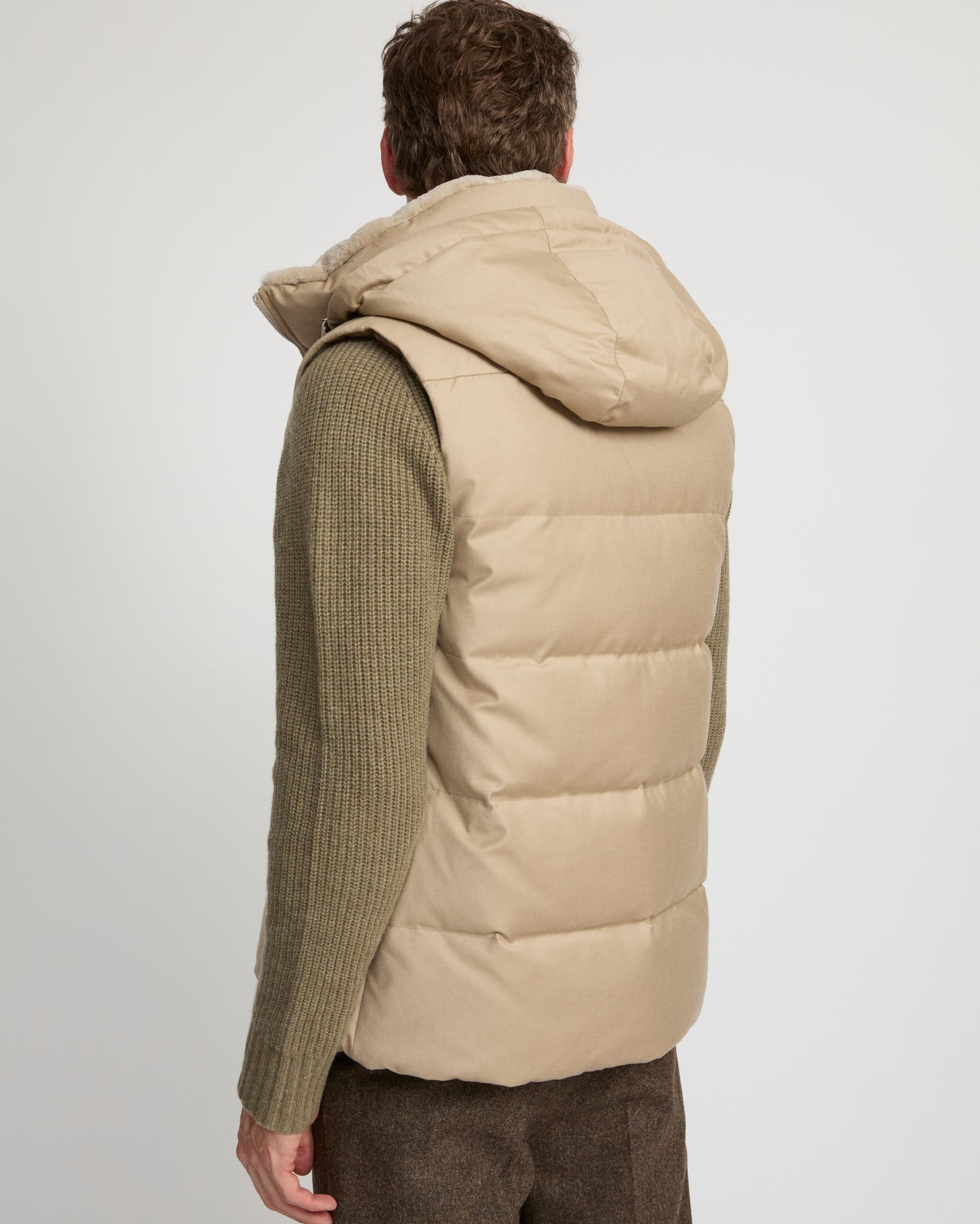 Down Gilet made with Loro Piana fabric with mink fur trim