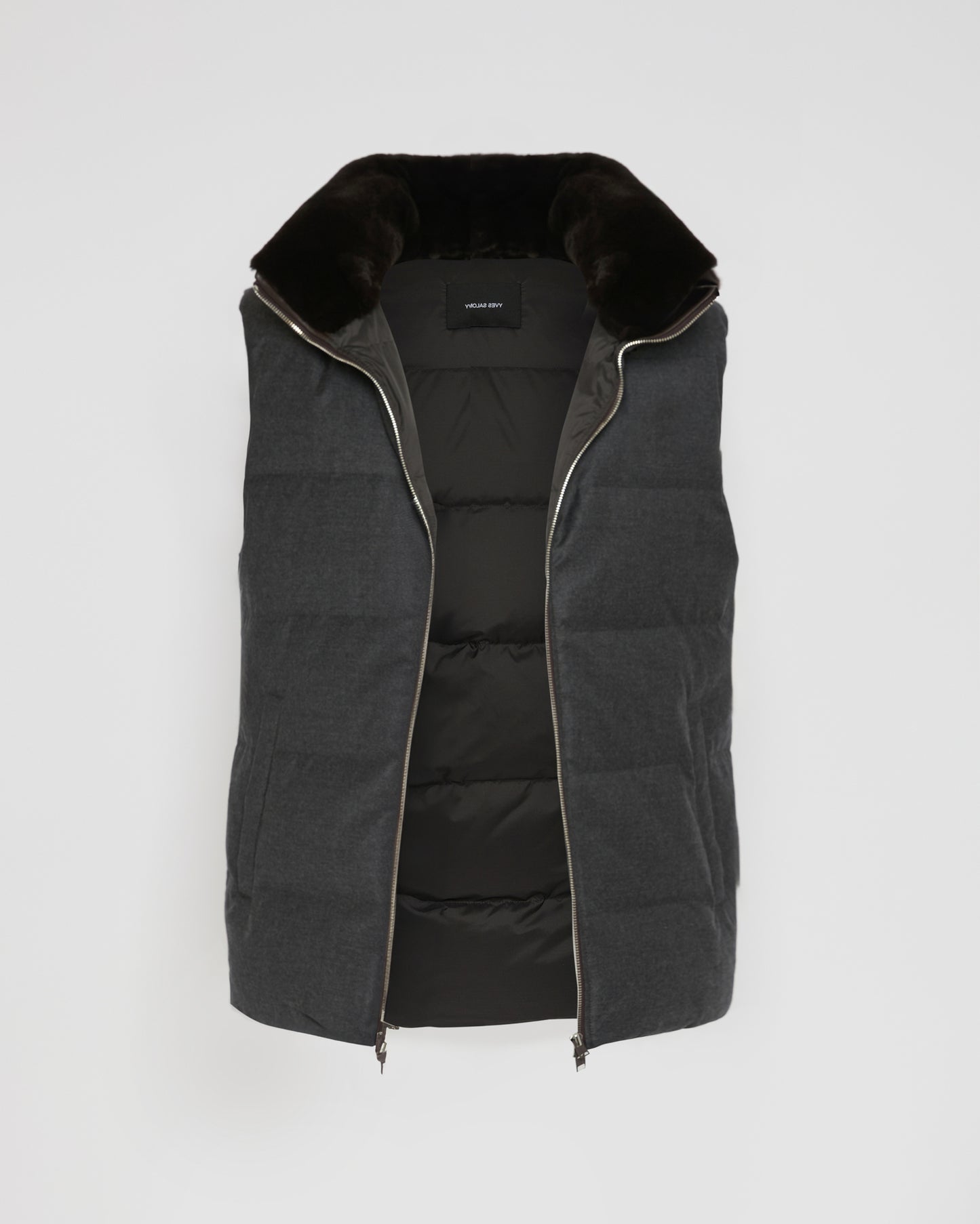 Down Gilet made with Loro Piana fabric with mink fur trim