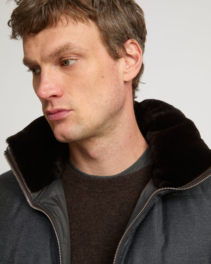 Down Gilet made with Loro Piana fabric with mink fur trim