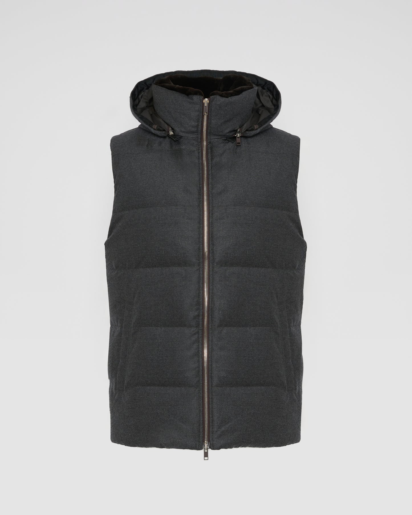 Down Gilet made with Loro Piana fabric with mink fur trim