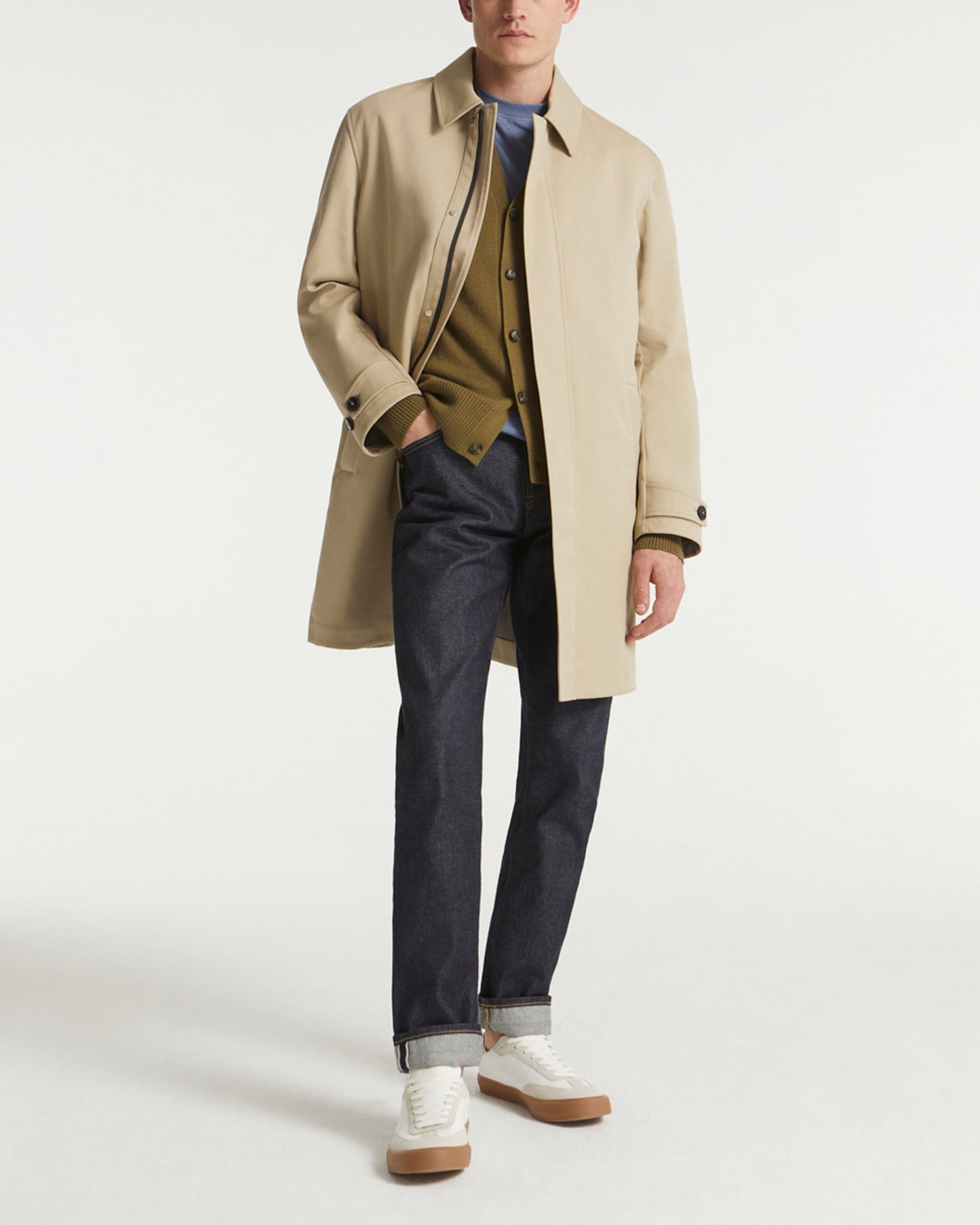 Manteau 3/4 en coton double face et détails cuir déperlant