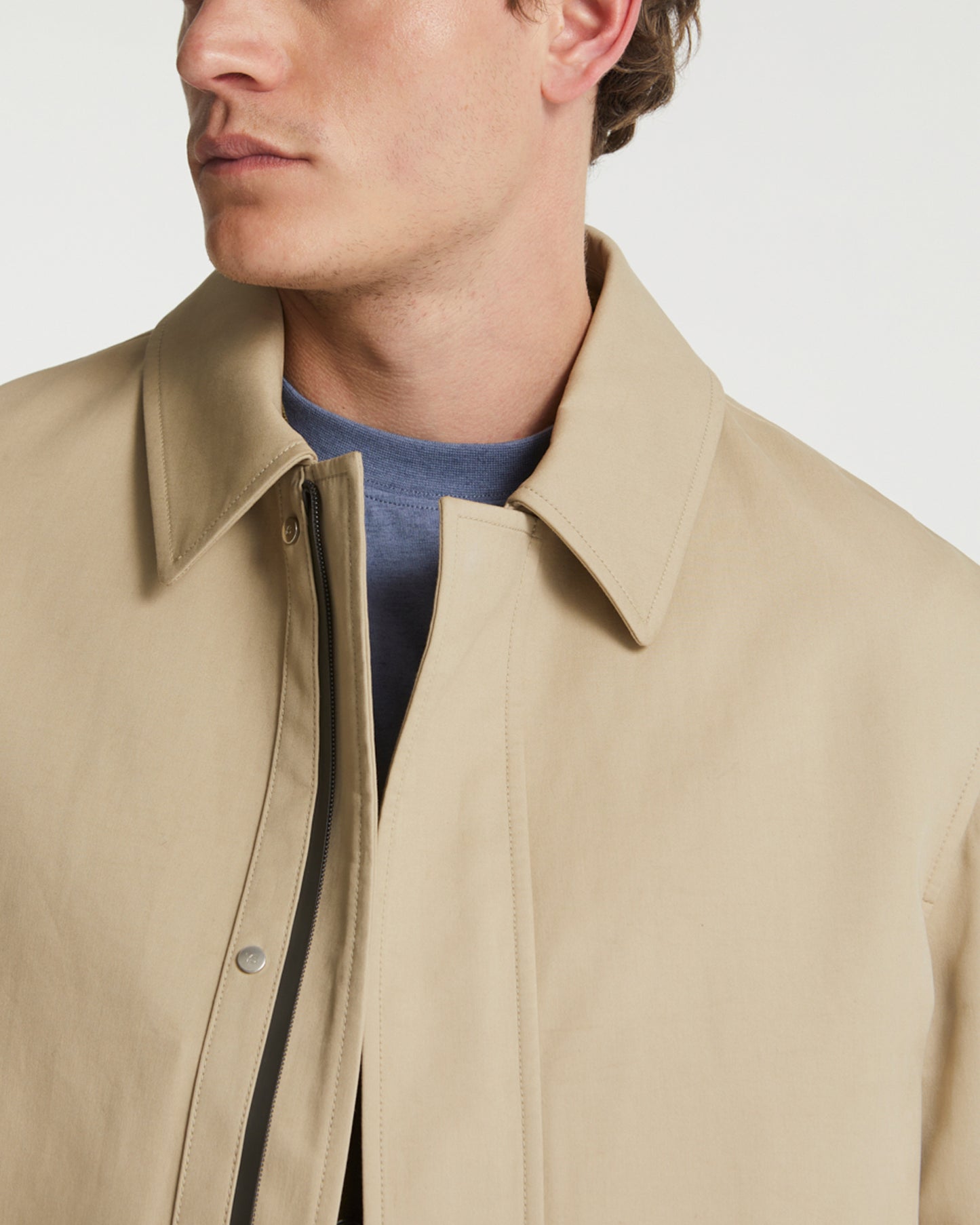 Manteau 3/4 en coton double face et détails cuir déperlant