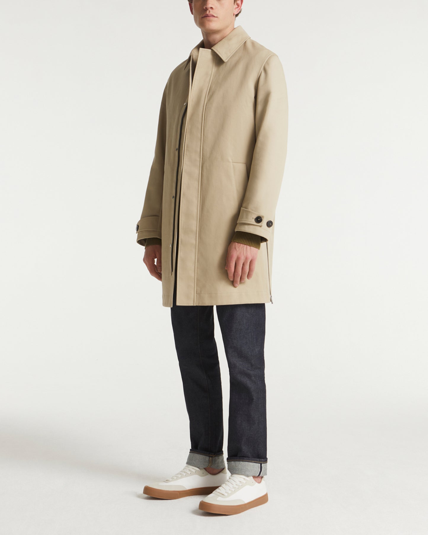 Manteau 3/4 en coton double face et détails cuir déperlant