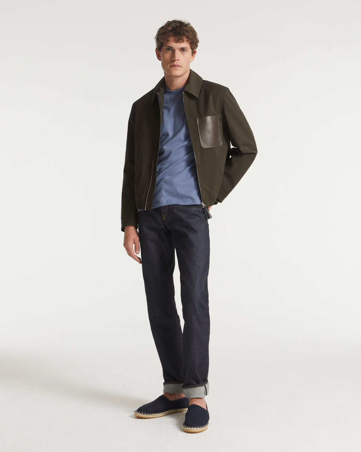 Wool-blend jacket with leather detail - brown