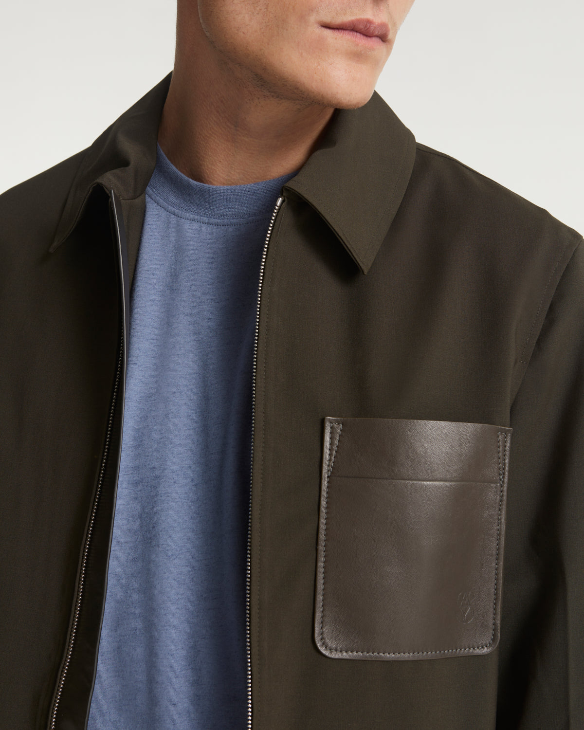Wool-blend jacket with leather detail - brown