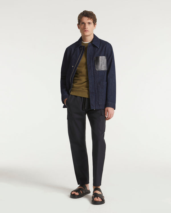 Denim workwear jacket with leather detail - blue