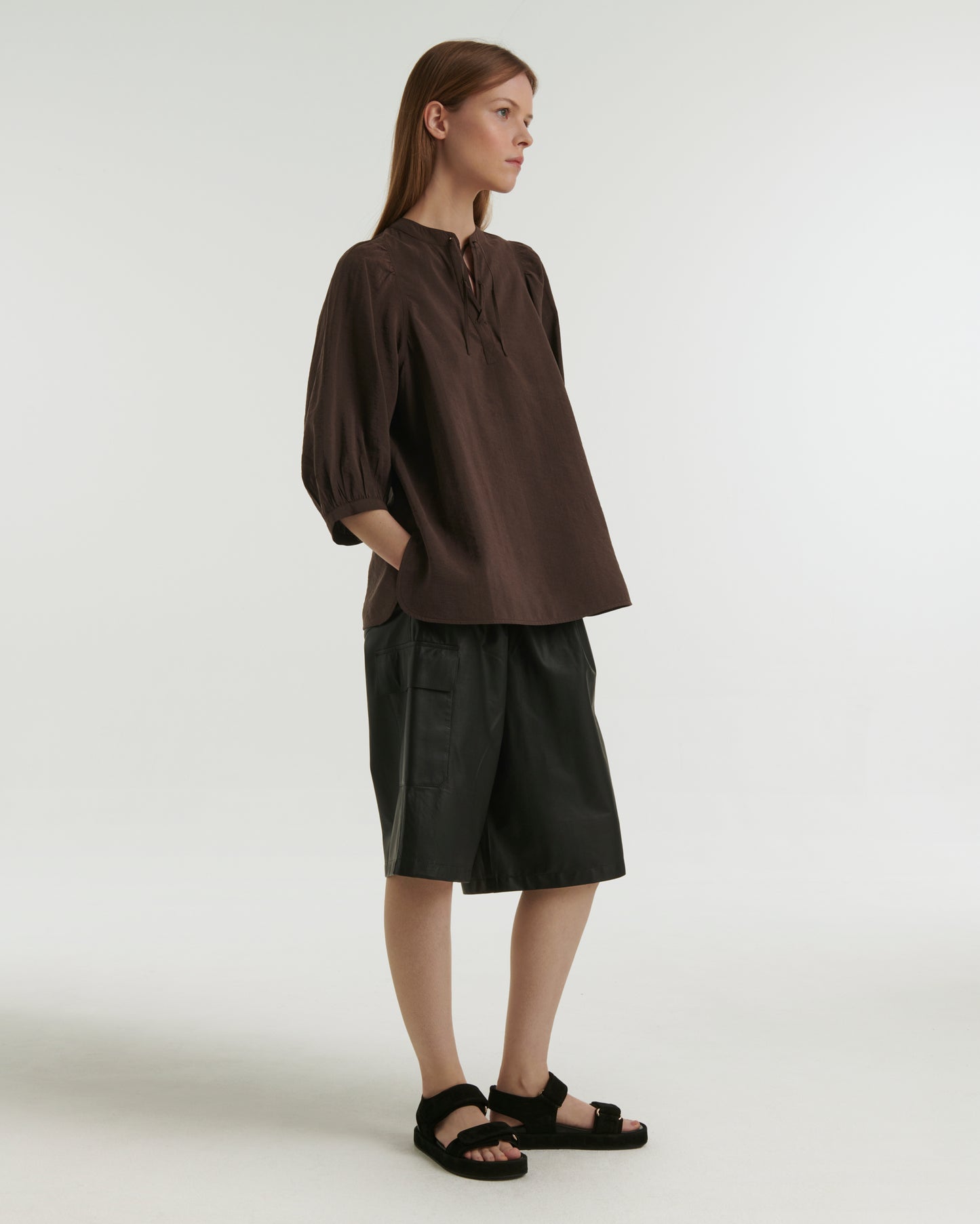 Silk seersucker tie blouse - brown