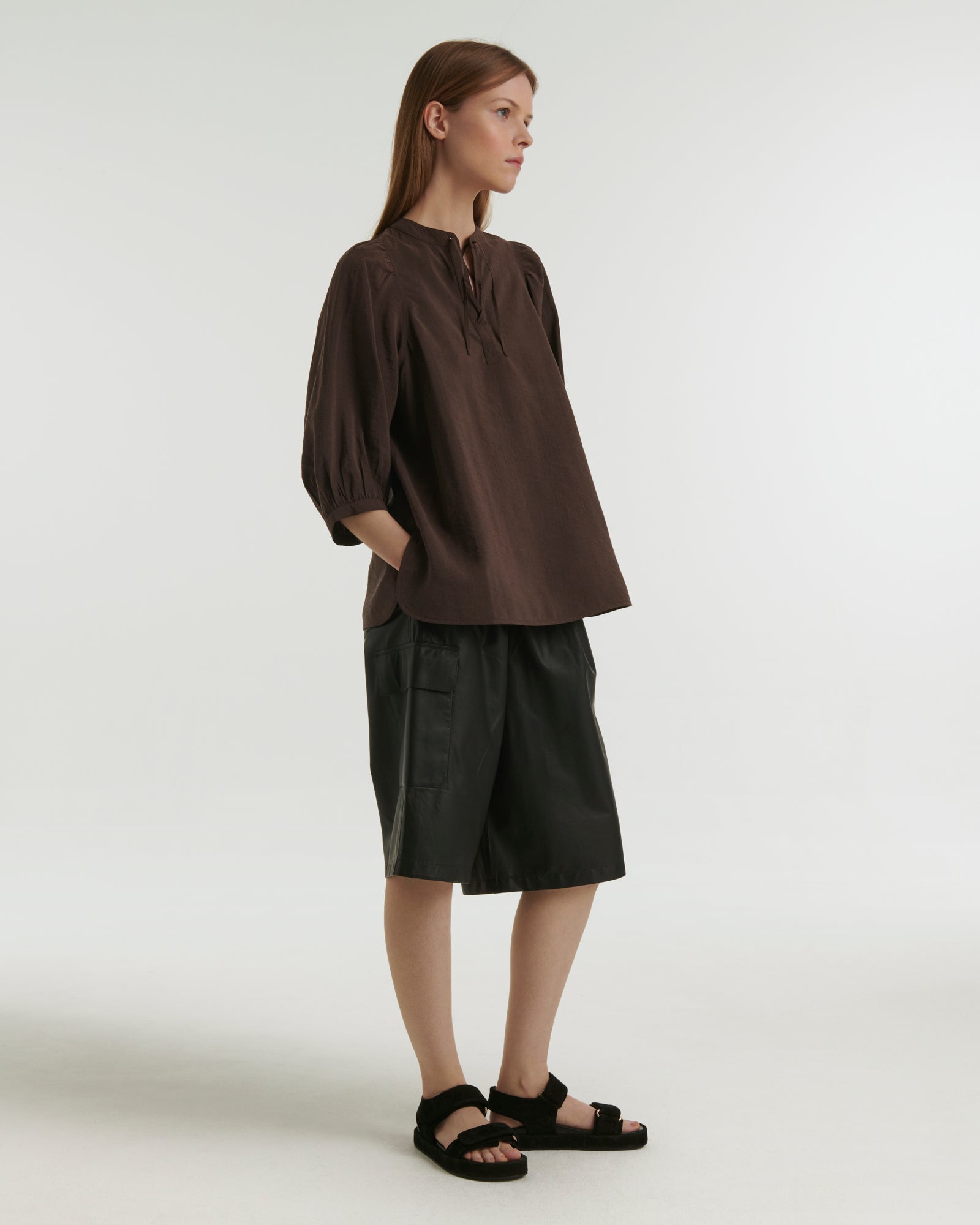 Silk seersucker tie blouse - brown