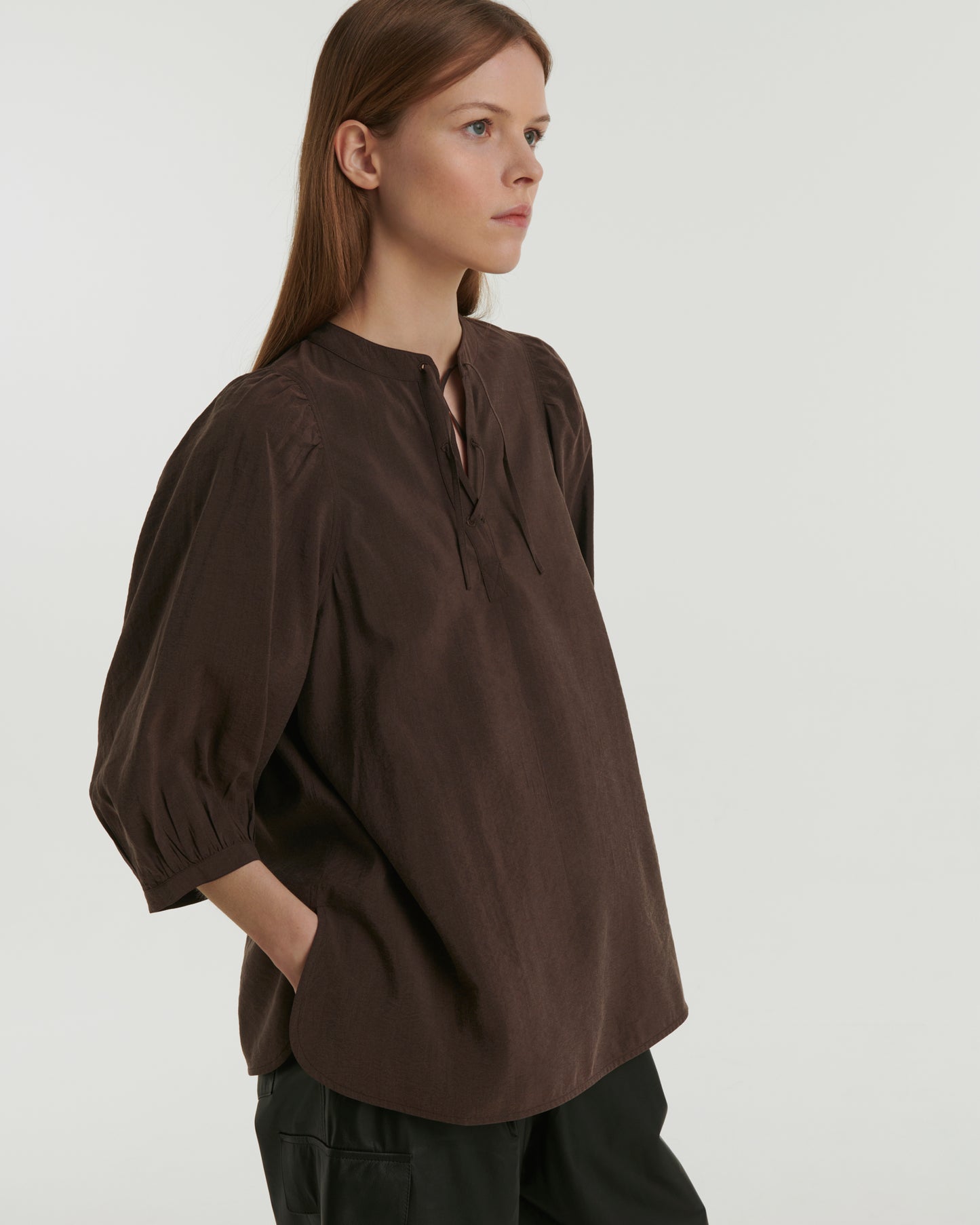 Silk seersucker tie blouse - brown