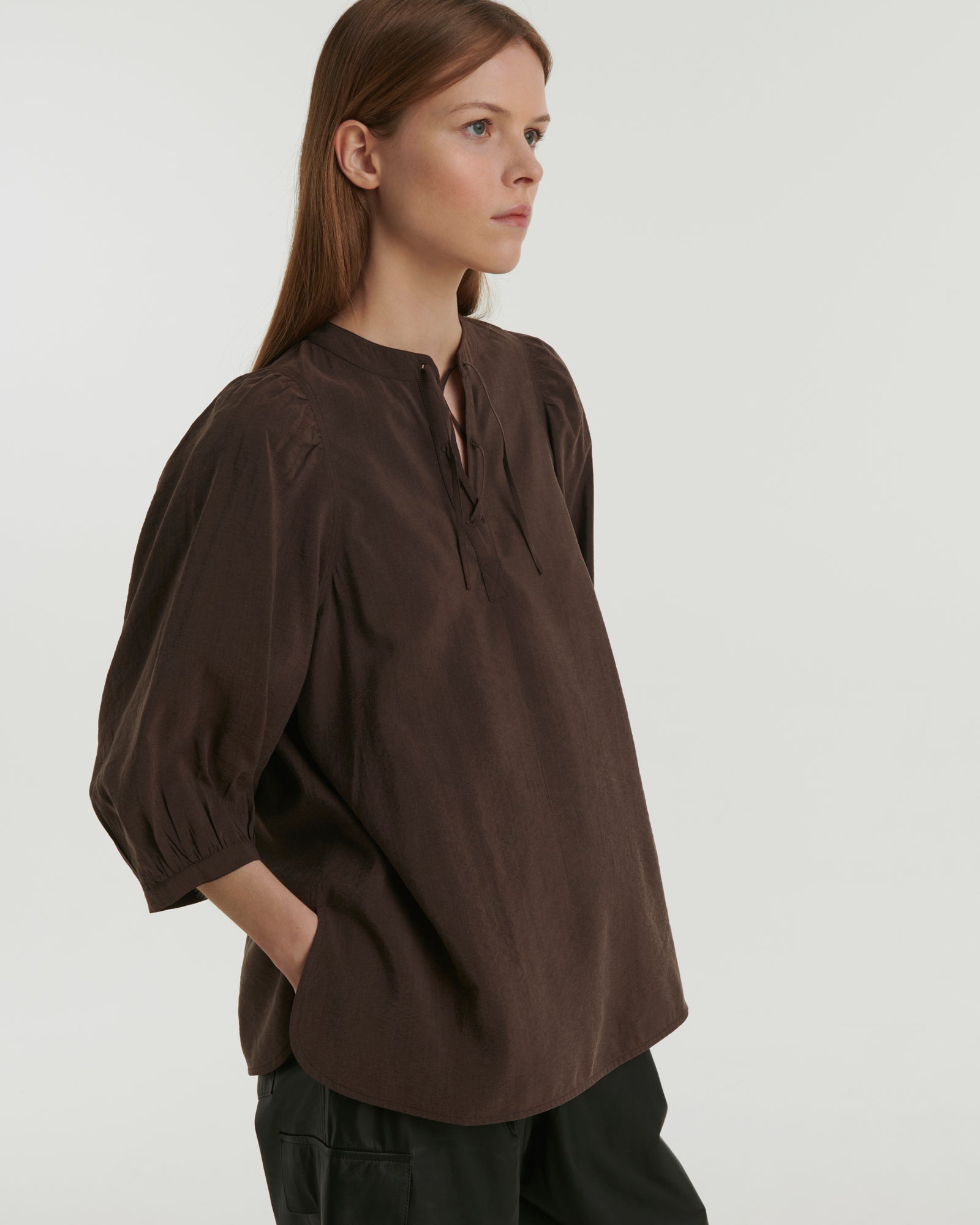 Silk seersucker tie blouse - brown