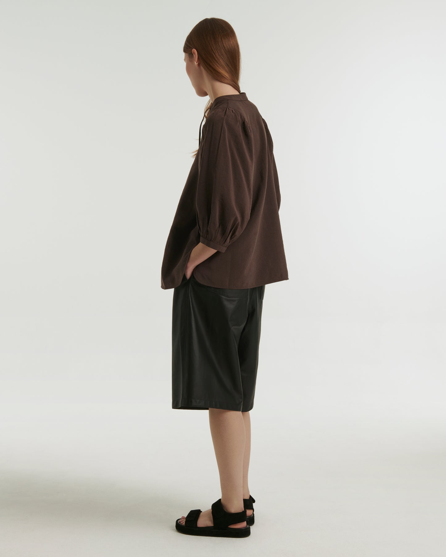 Silk seersucker tie blouse - brown