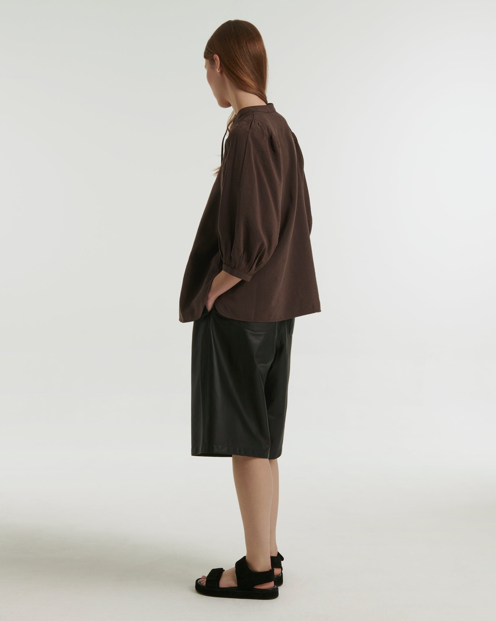 Silk seersucker tie blouse - brown
