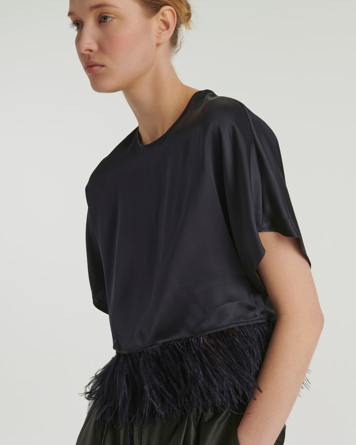 Satin top with feather - blue