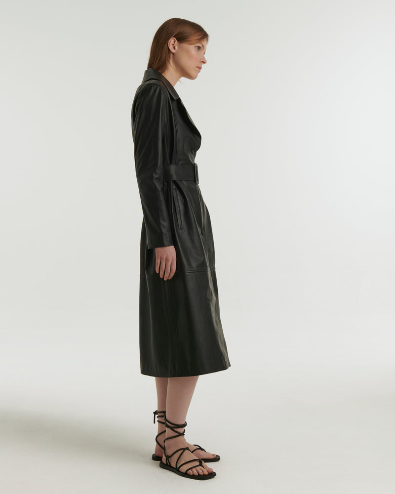 Long leather trench coat - black