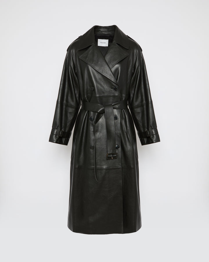 Trench long ceinturé en cuir d'agneau