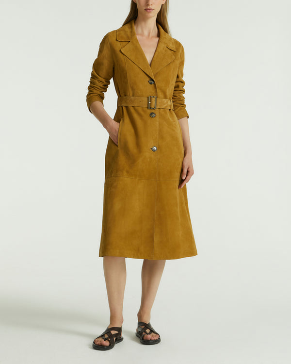 Long belted coat in double-sided velour lamb leather - brown