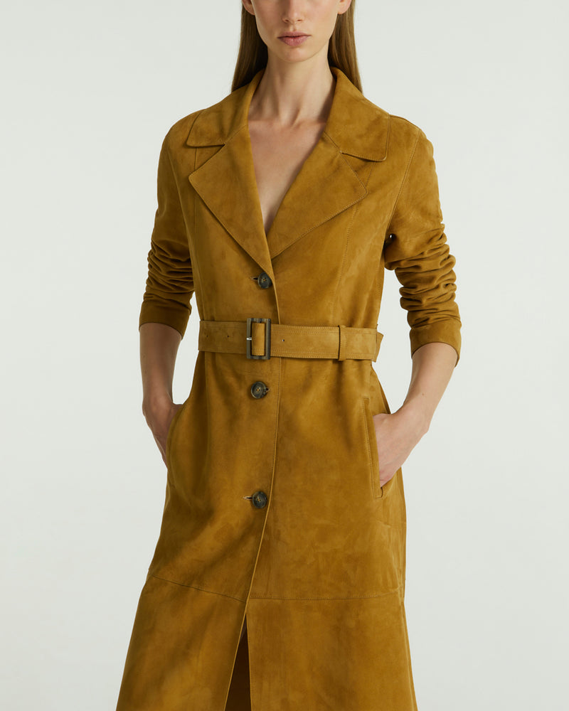 Long belted coat in double-sided velour lamb leather - brown