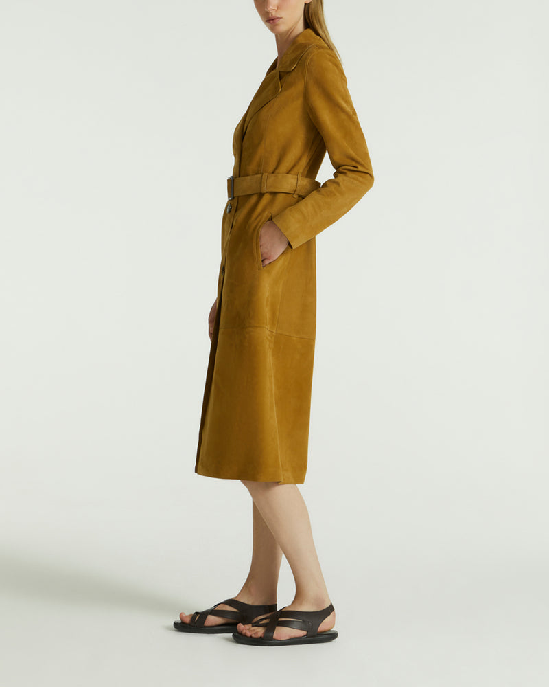 Long belted coat in double-sided velour lamb leather - brown