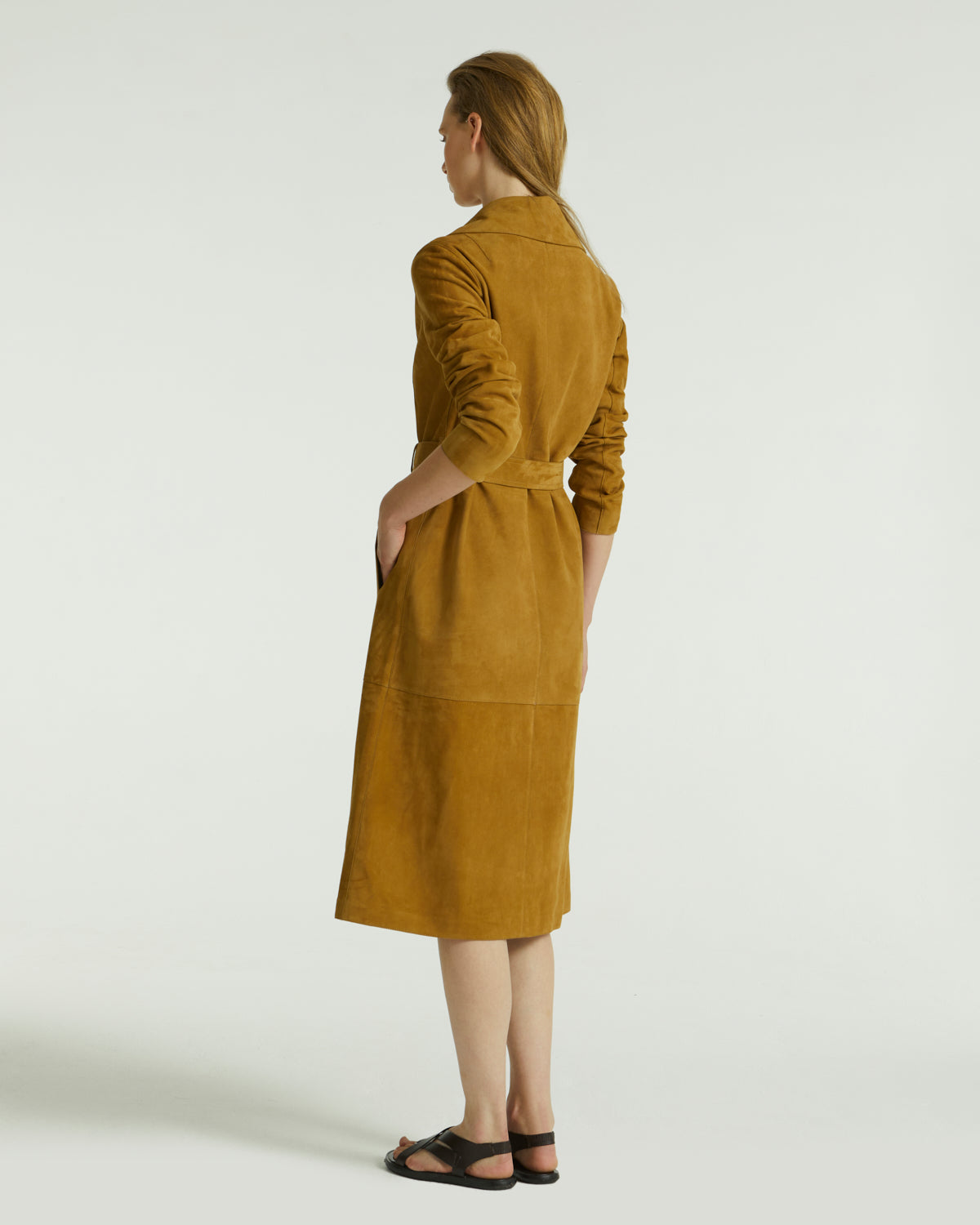 Long belted trench coat in double-sided velour lamb leather