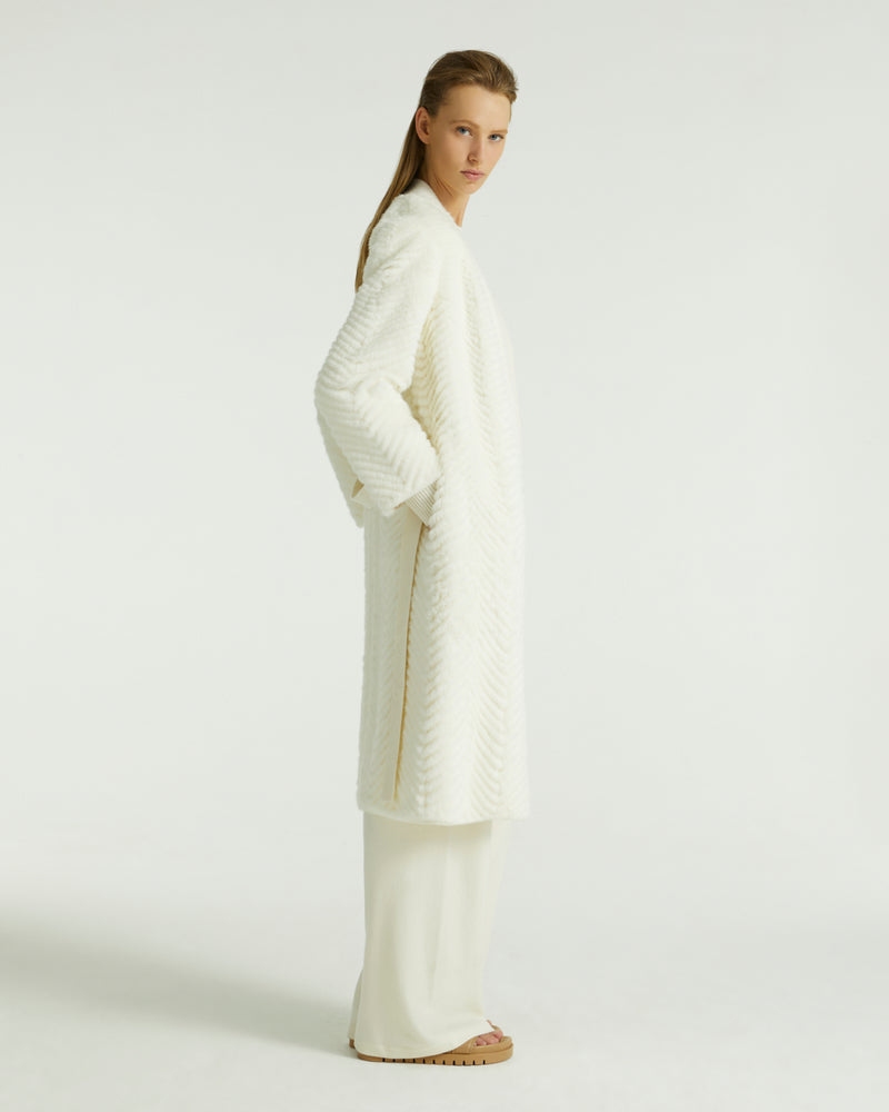 Merino knit and mink long cardigan - white