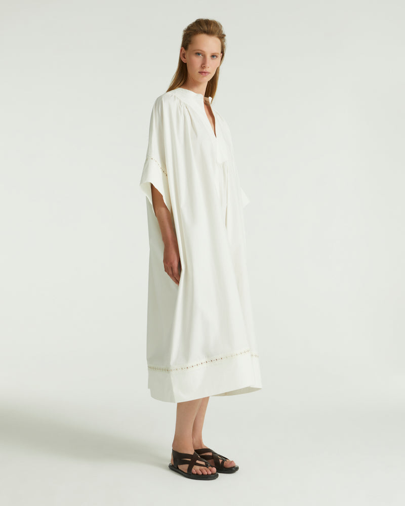 Cotton poplin dress with leather inserts - white